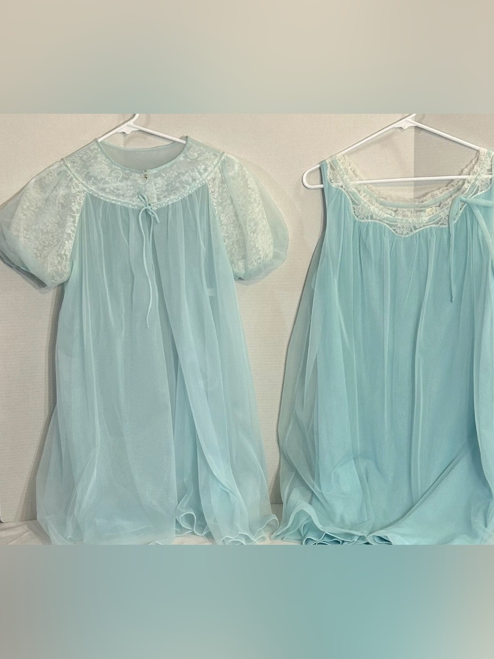 Vintage Nylon & Lace Chiffon Baby Blue Negligee Nightgown & Robe Set